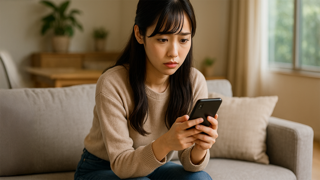 不安そうにスマホを見ている女性
