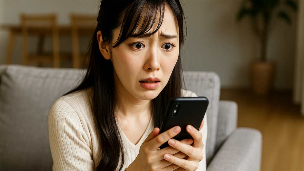 スマホを見て怯えている人