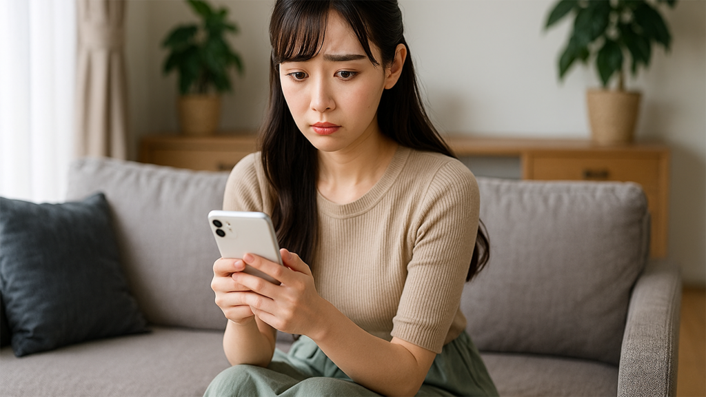 スマホをみて不安を覚えている女性